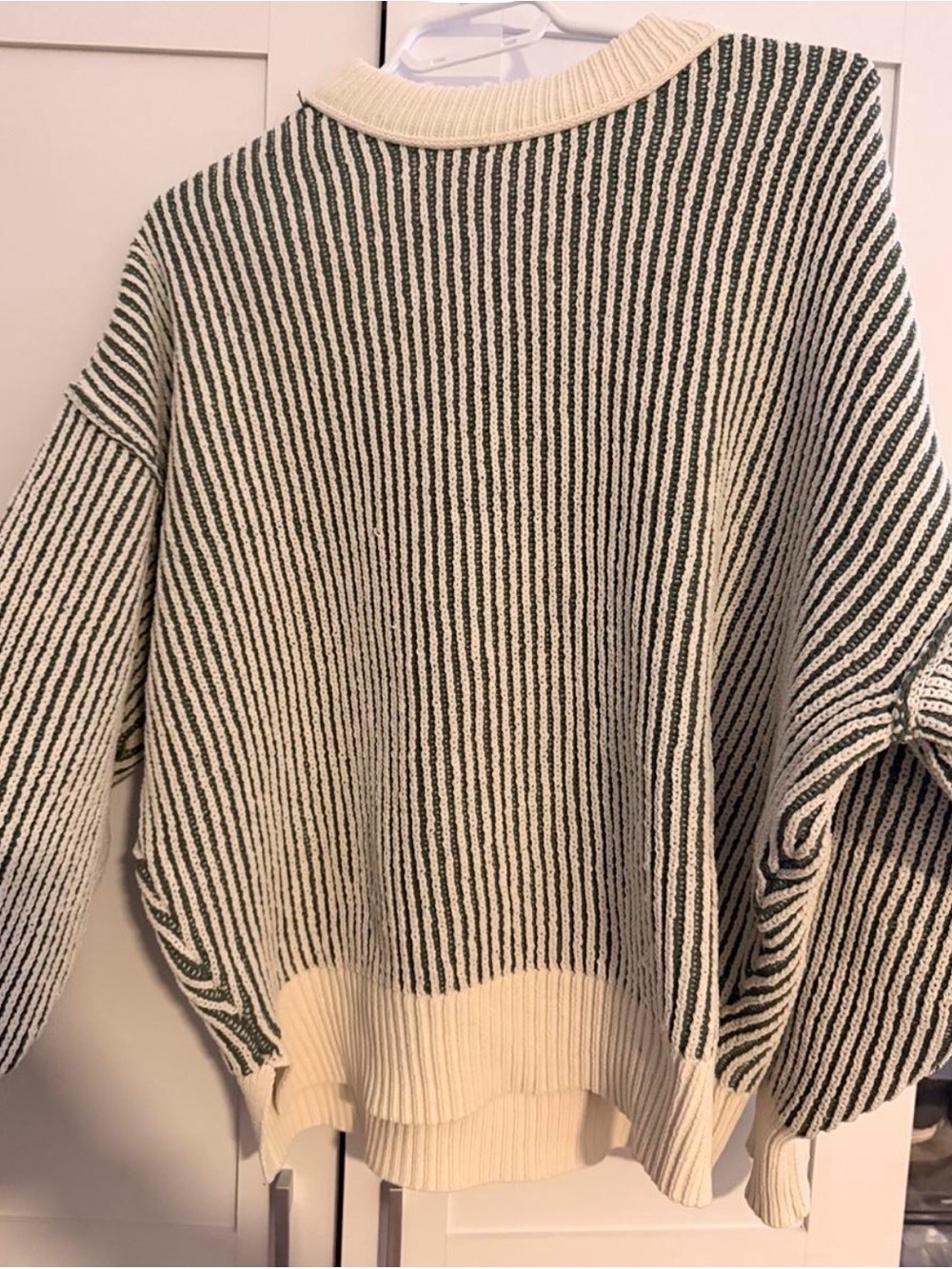 aerie Cream and Dark Green Striped Crewneck Sweater